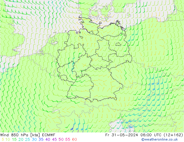 Vento 850 hPa ECMWF ven 31.05.2024 06 UTC