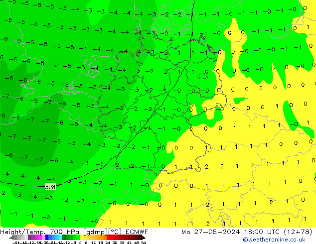 Height/Temp. 700 hPa ECMWF Mo 27.05.2024 18 UTC