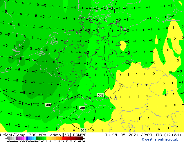 Hoogte/Temp. 700 hPa ECMWF di 28.05.2024 00 UTC