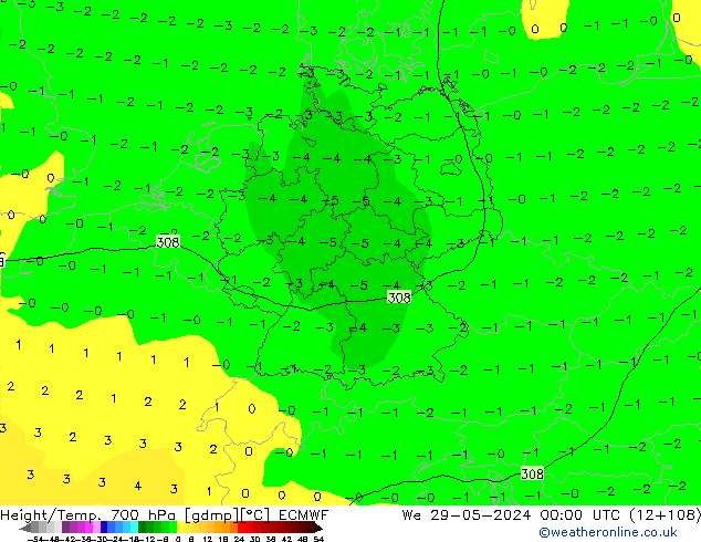 Geop./Temp. 700 hPa ECMWF mié 29.05.2024 00 UTC