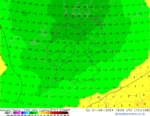 Height/Temp. 700 hPa ECMWF sab 01.06.2024 18 UTC