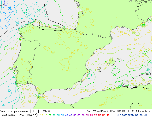 Isotachs (kph) ECMWF сб 25.05.2024 06 UTC