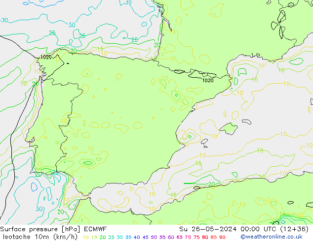 Isotaca (kph) ECMWF dom 26.05.2024 00 UTC