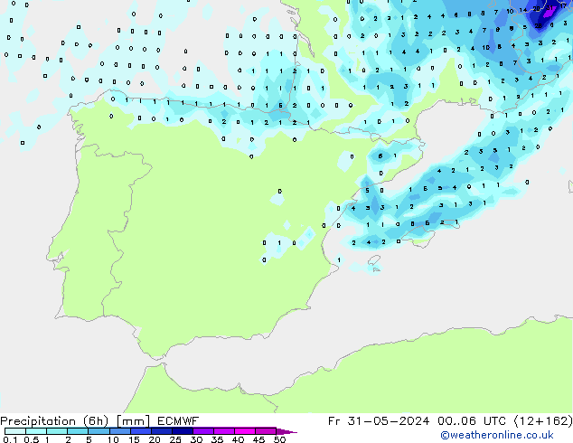 Totale neerslag (6h) ECMWF vr 31.05.2024 06 UTC