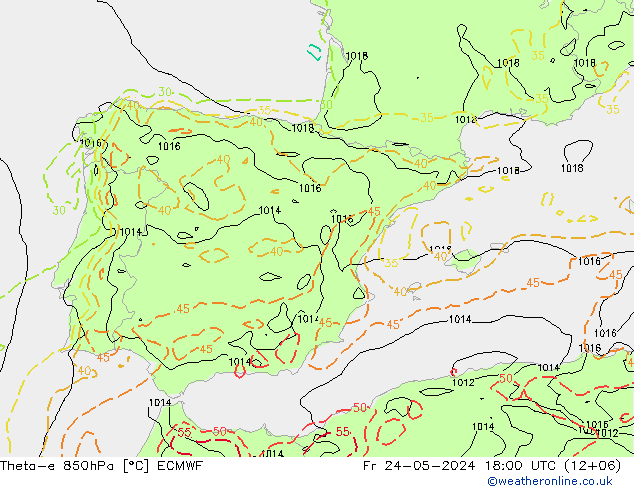 Theta-e 850hPa ECMWF Fr 24.05.2024 18 UTC
