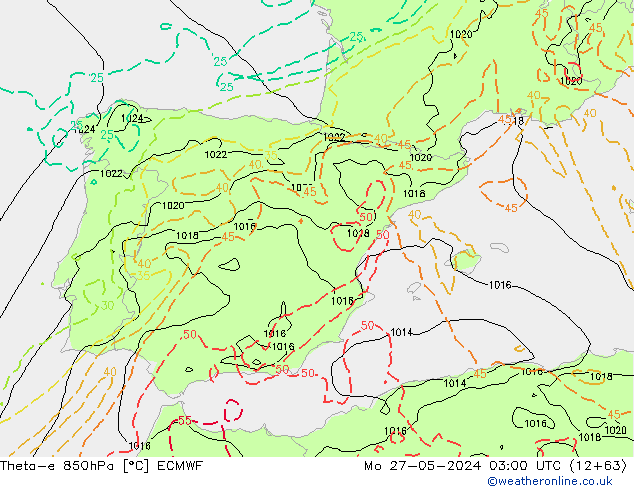 Theta-e 850hPa ECMWF Mo 27.05.2024 03 UTC