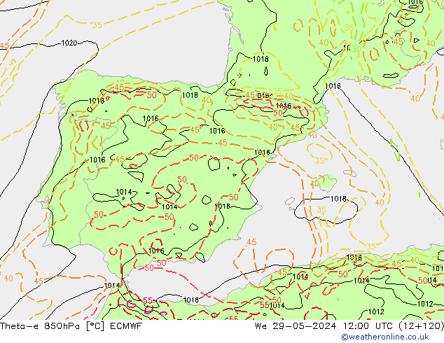 Theta-e 850hPa ECMWF śro. 29.05.2024 12 UTC