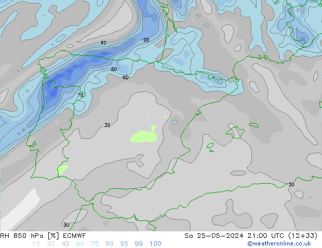 RH 850 hPa ECMWF Sa 25.05.2024 21 UTC