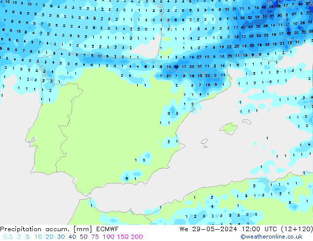 Precipitation accum. ECMWF śro. 29.05.2024 12 UTC