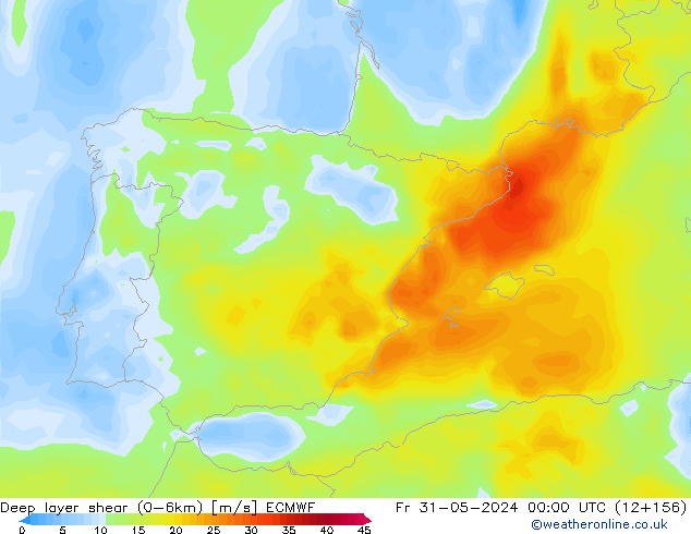 Deep layer shear (0-6km) ECMWF ven 31.05.2024 00 UTC