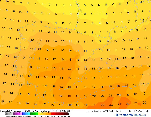 Hoogte/Temp. 850 hPa ECMWF vr 24.05.2024 18 UTC