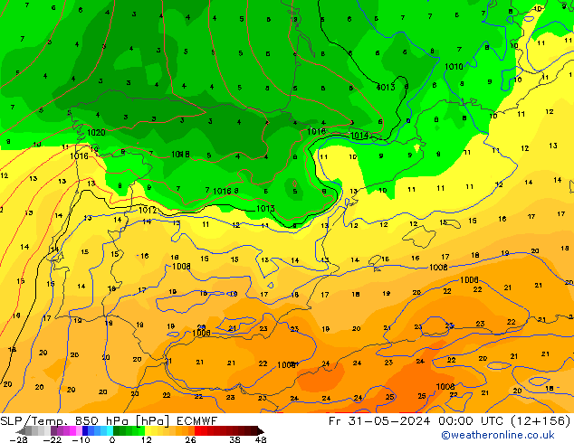 SLP/Temp. 850 hPa ECMWF vr 31.05.2024 00 UTC