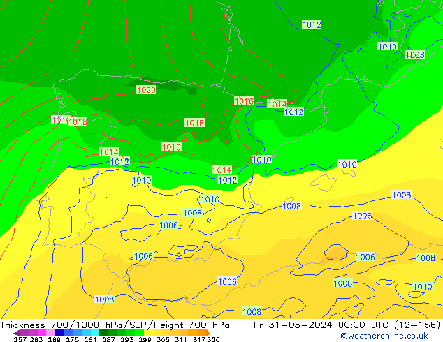 Thck 700-1000 гПа ECMWF пт 31.05.2024 00 UTC