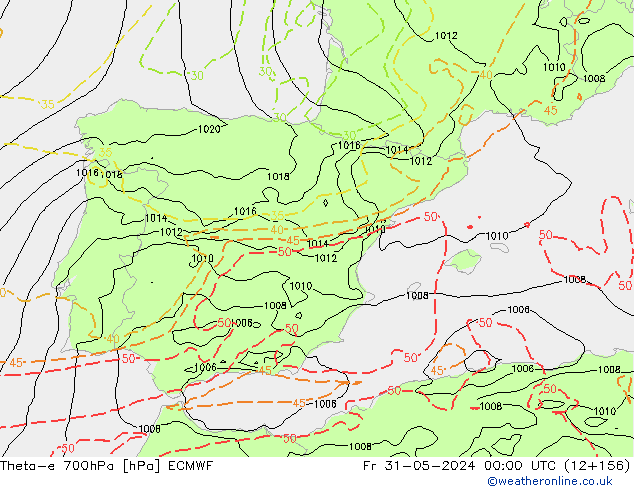 Theta-e 700hPa ECMWF ven 31.05.2024 00 UTC