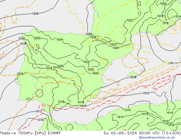 Theta-e 700hPa ECMWF dom 02.06.2024 00 UTC