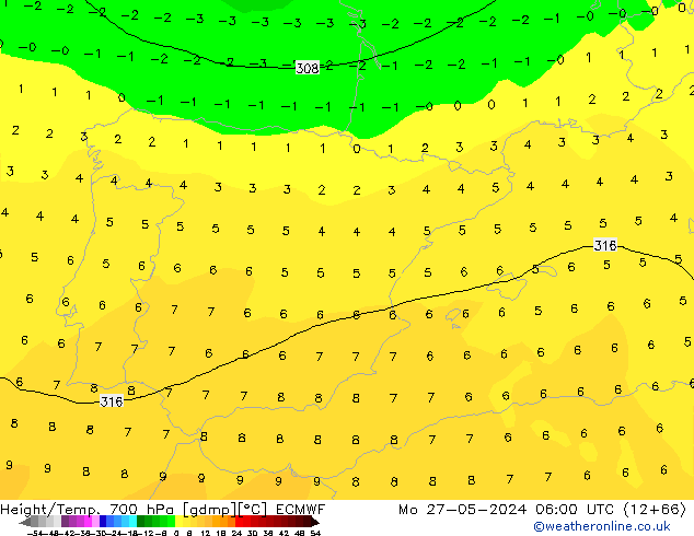 Height/Temp. 700 hPa ECMWF Seg 27.05.2024 06 UTC