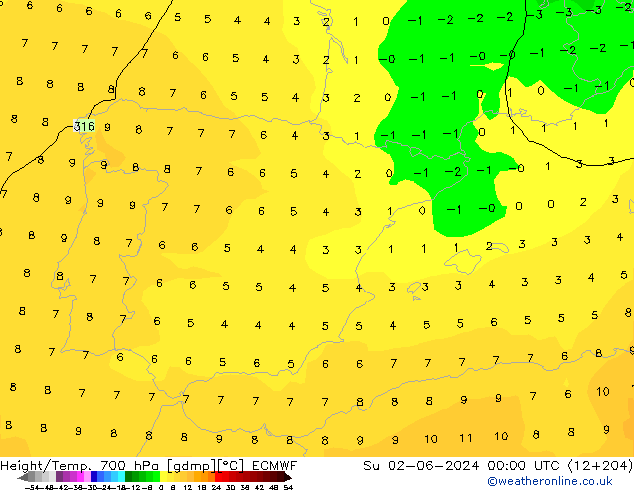 Hoogte/Temp. 700 hPa ECMWF zo 02.06.2024 00 UTC