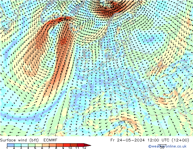 Surface wind (bft) ECMWF Pá 24.05.2024 12 UTC