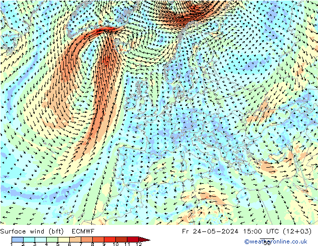  10 m (bft) ECMWF  24.05.2024 15 UTC