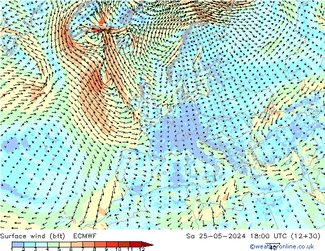 Surface wind (bft) ECMWF Sa 25.05.2024 18 UTC