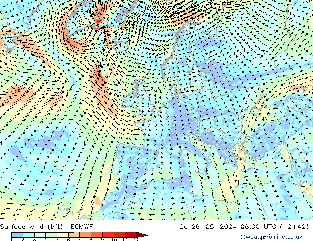 Surface wind (bft) ECMWF Su 26.05.2024 06 UTC