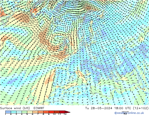 Surface wind (bft) ECMWF Tu 28.05.2024 18 UTC