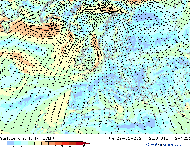 Surface wind (bft) ECMWF We 29.05.2024 12 UTC