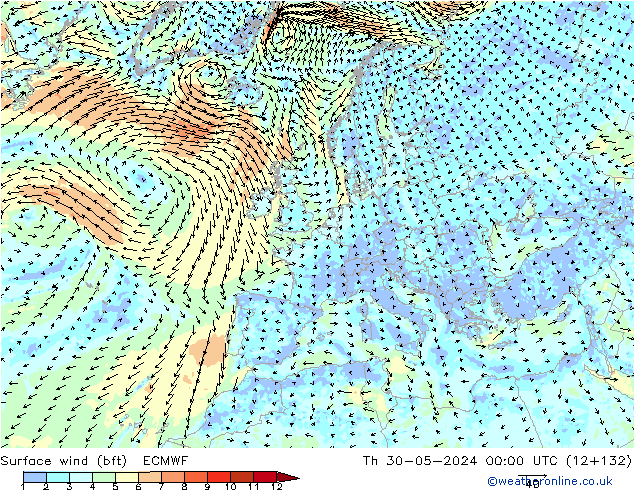 Bodenwind (bft) ECMWF Do 30.05.2024 00 UTC