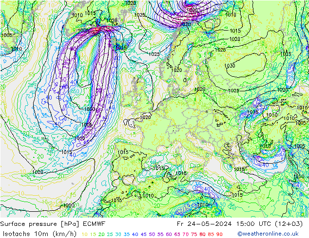 Isotachs (kph) ECMWF  24.05.2024 15 UTC