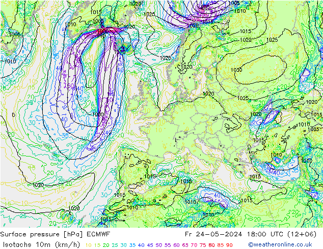 Isotachen (km/h) ECMWF Fr 24.05.2024 18 UTC