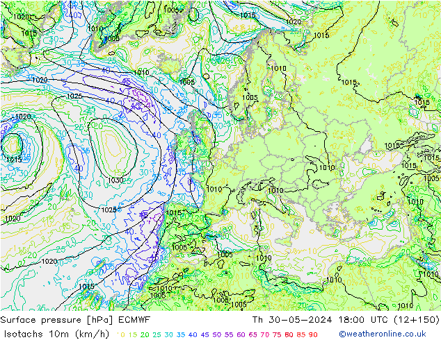 Isotachs (kph) ECMWF Qui 30.05.2024 18 UTC