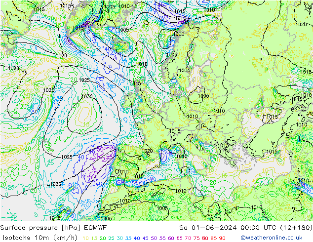 Isotachs (kph) ECMWF So 01.06.2024 00 UTC