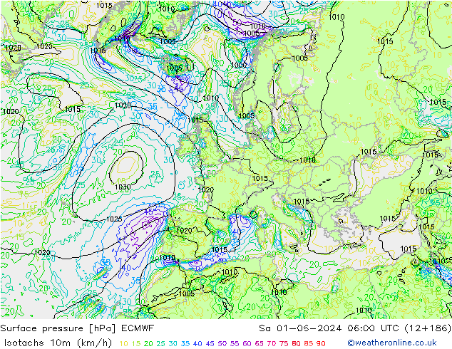 Isotachs (kph) ECMWF So 01.06.2024 06 UTC