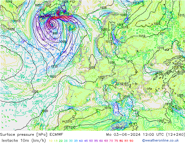 Isotachs (kph) ECMWF lun 03.06.2024 12 UTC