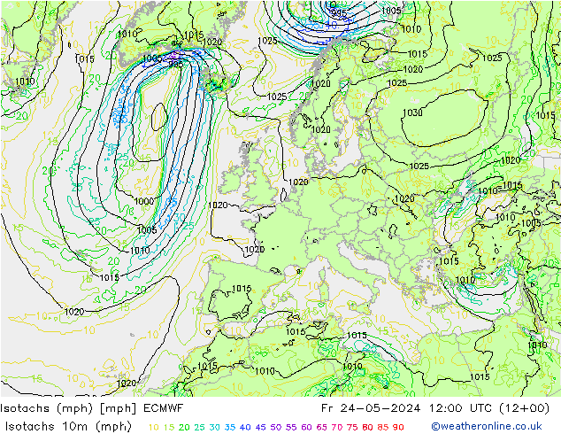 Isotachen (mph) ECMWF Fr 24.05.2024 12 UTC