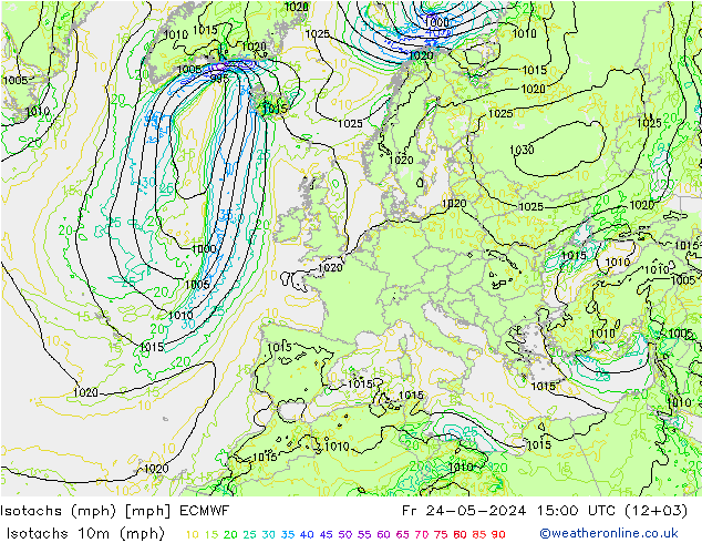 Isotachs (mph) ECMWF 星期五 24.05.2024 15 UTC