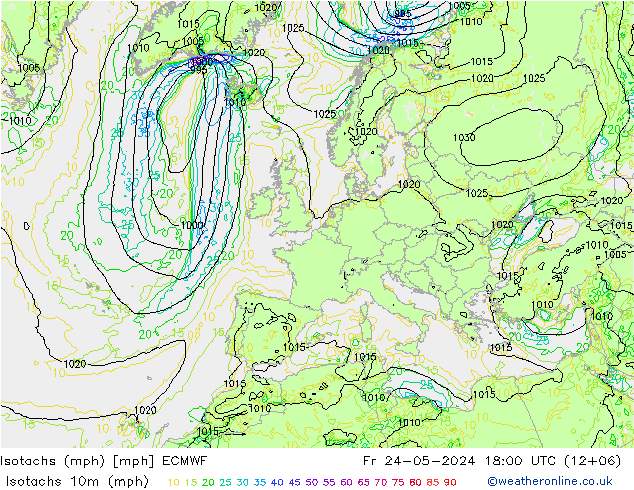 Isotachs (mph) ECMWF Pá 24.05.2024 18 UTC