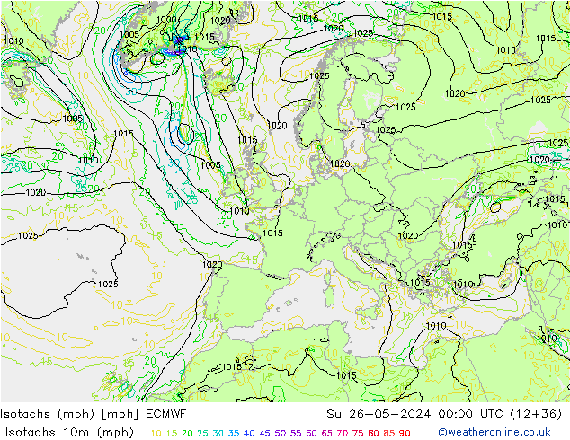 Isotachs (mph) ECMWF dom 26.05.2024 00 UTC