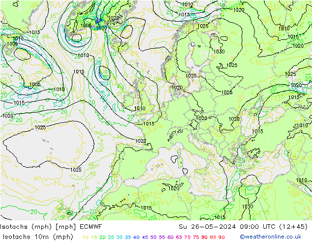 Isotachen (mph) ECMWF So 26.05.2024 09 UTC