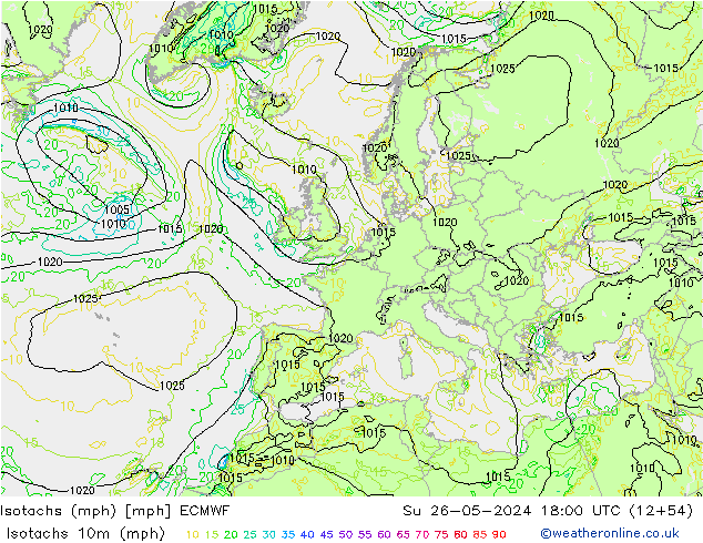 Isotachs (mph) ECMWF Ne 26.05.2024 18 UTC