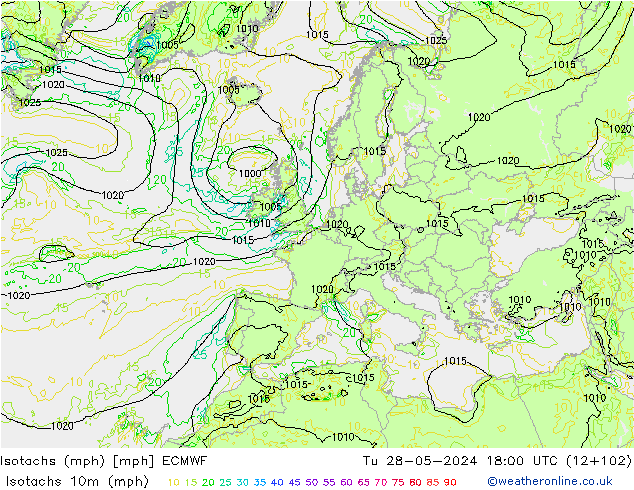 Isotachs (mph) ECMWF Tu 28.05.2024 18 UTC