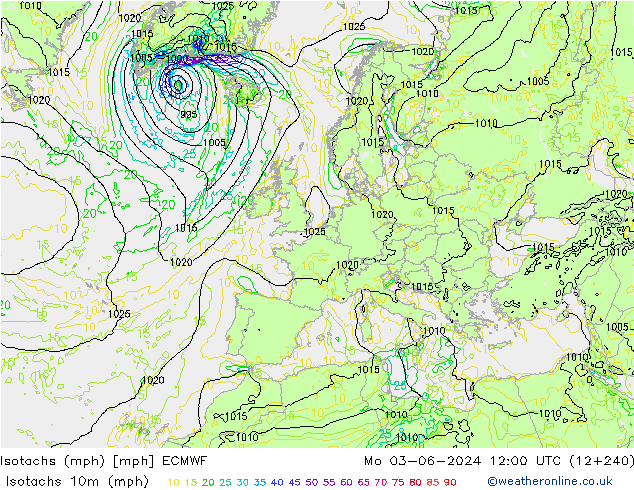 Isotachs (mph) ECMWF lun 03.06.2024 12 UTC