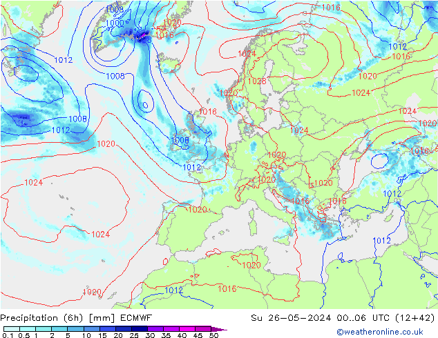 Totale neerslag (6h) ECMWF zo 26.05.2024 06 UTC