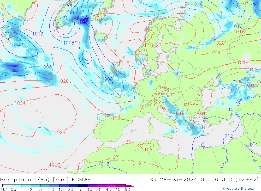 Nied. akkumuliert (6Std) ECMWF So 26.05.2024 06 UTC