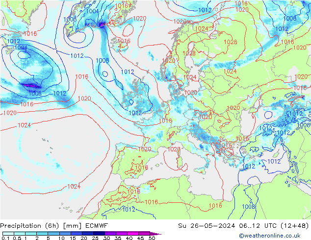 Z500/Rain (+SLP)/Z850 ECMWF Su 26.05.2024 12 UTC