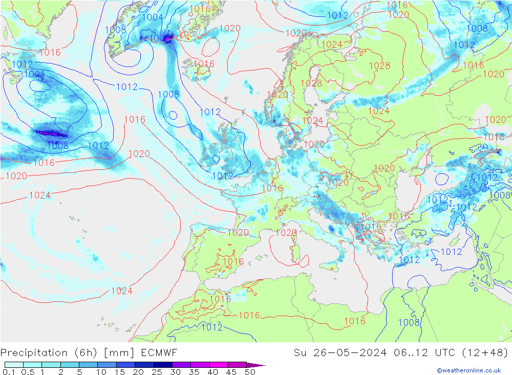 Z500/Rain (+SLP)/Z850 ECMWF Su 26.05.2024 12 UTC