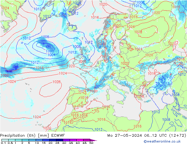 Z500/Rain (+SLP)/Z850 ECMWF pon. 27.05.2024 12 UTC