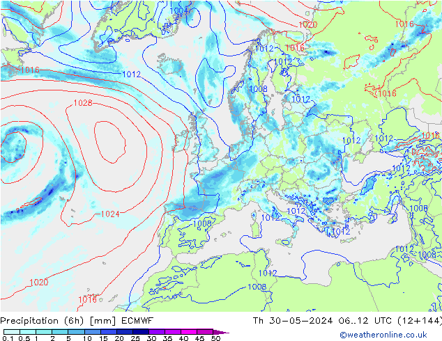 Z500/Rain (+SLP)/Z850 ECMWF чт 30.05.2024 12 UTC