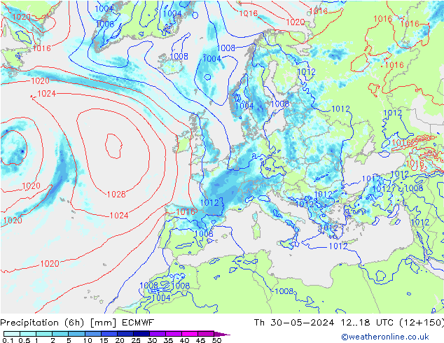 Z500/Rain (+SLP)/Z850 ECMWF gio 30.05.2024 18 UTC