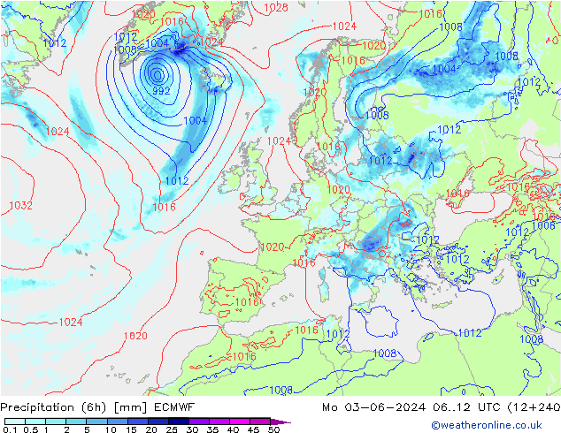 Totale neerslag (6h) ECMWF ma 03.06.2024 12 UTC